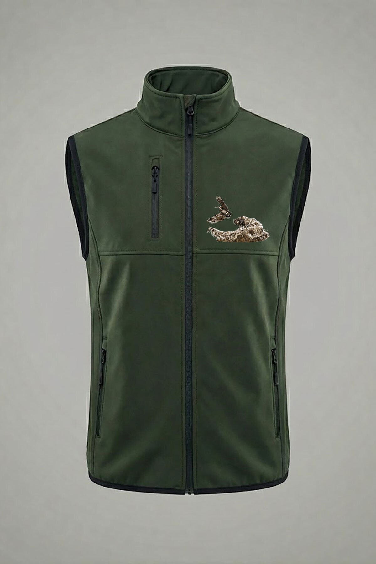 Avcılık Fermalı Setter Çulluk Baskılı Su ve Rüzgar Geçirmez Erkek Softshell Outdoor Haki Yelek Haki - L