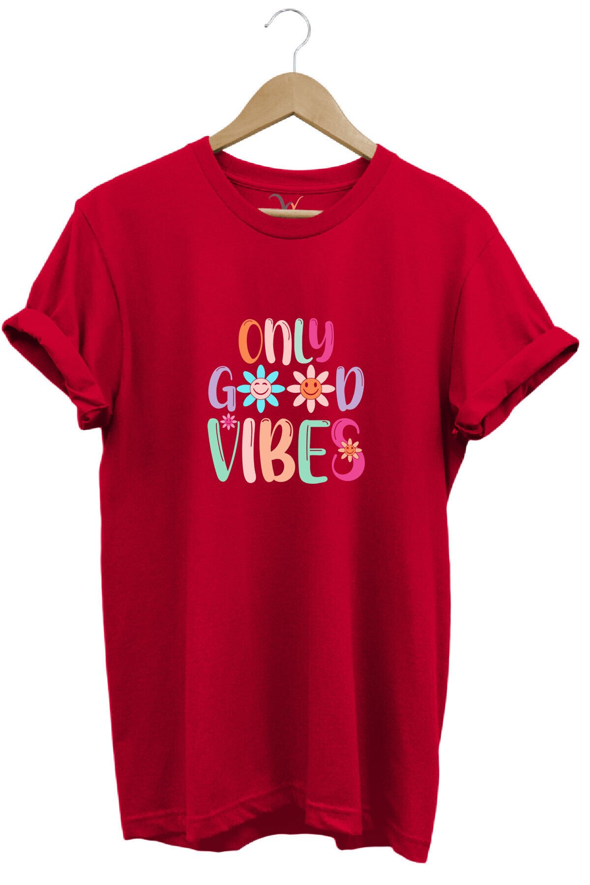 Only Good Vibes Baskılı Papatya Desenli Renkli %100 Pamuk Regular Fit Bisiklet Yaka Mavi T-shirt Kırmızı - 3XL