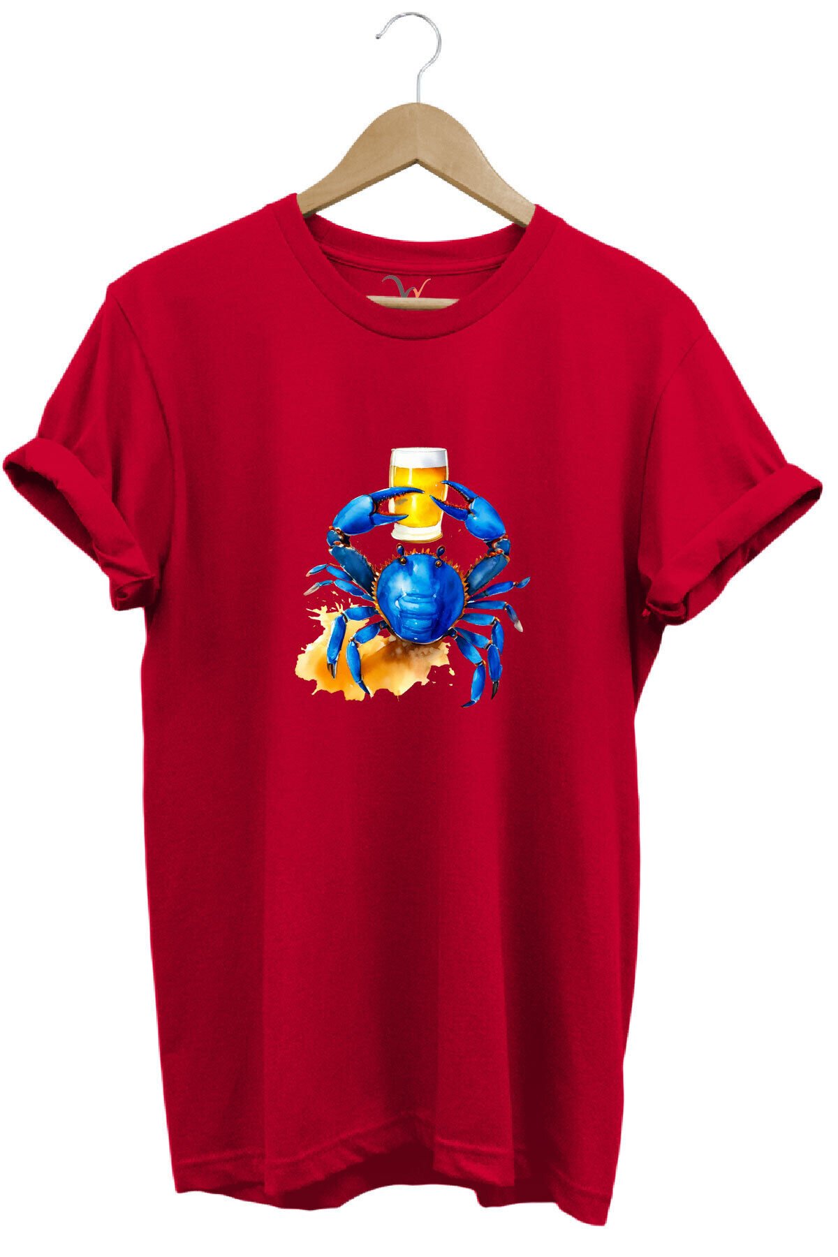 Yaz Baskılı Mavi Yengeç %100 Pamuk Regular Fit Bisiklet Yaka Kırmızı T-shirt Kırmızı - 2XL