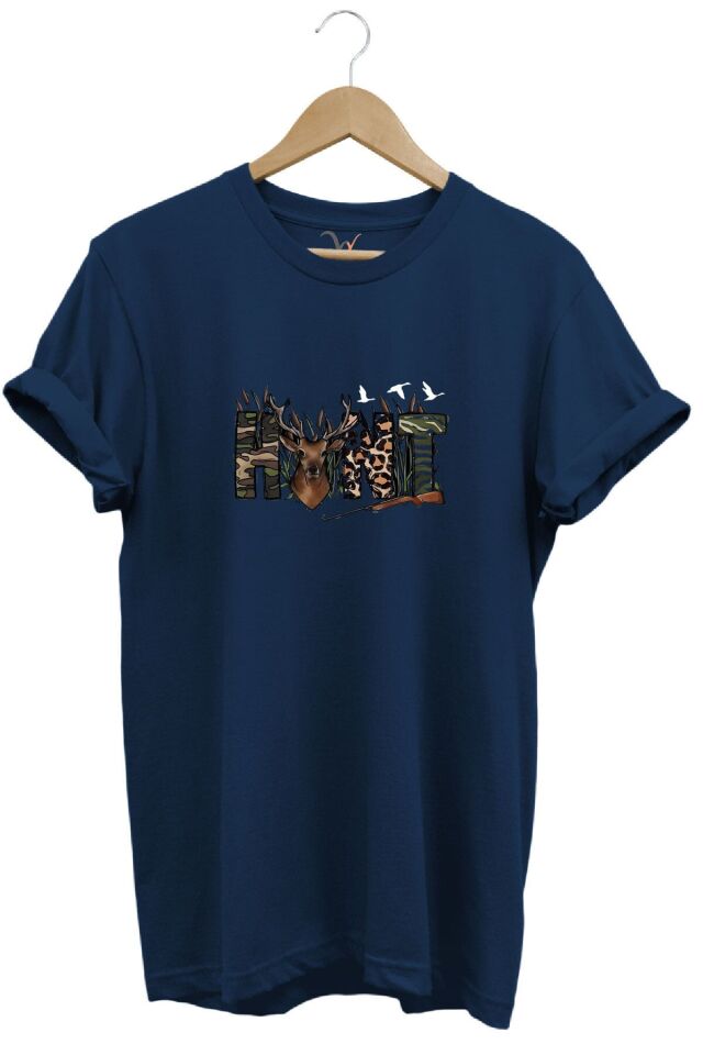 Avcılık Hunter Outdoor Geyik Tasarımlı Hunt Yazı Baskılı %100 Pamuk Regular Fit Lacivert T-shirt Lacivert - 4XL
