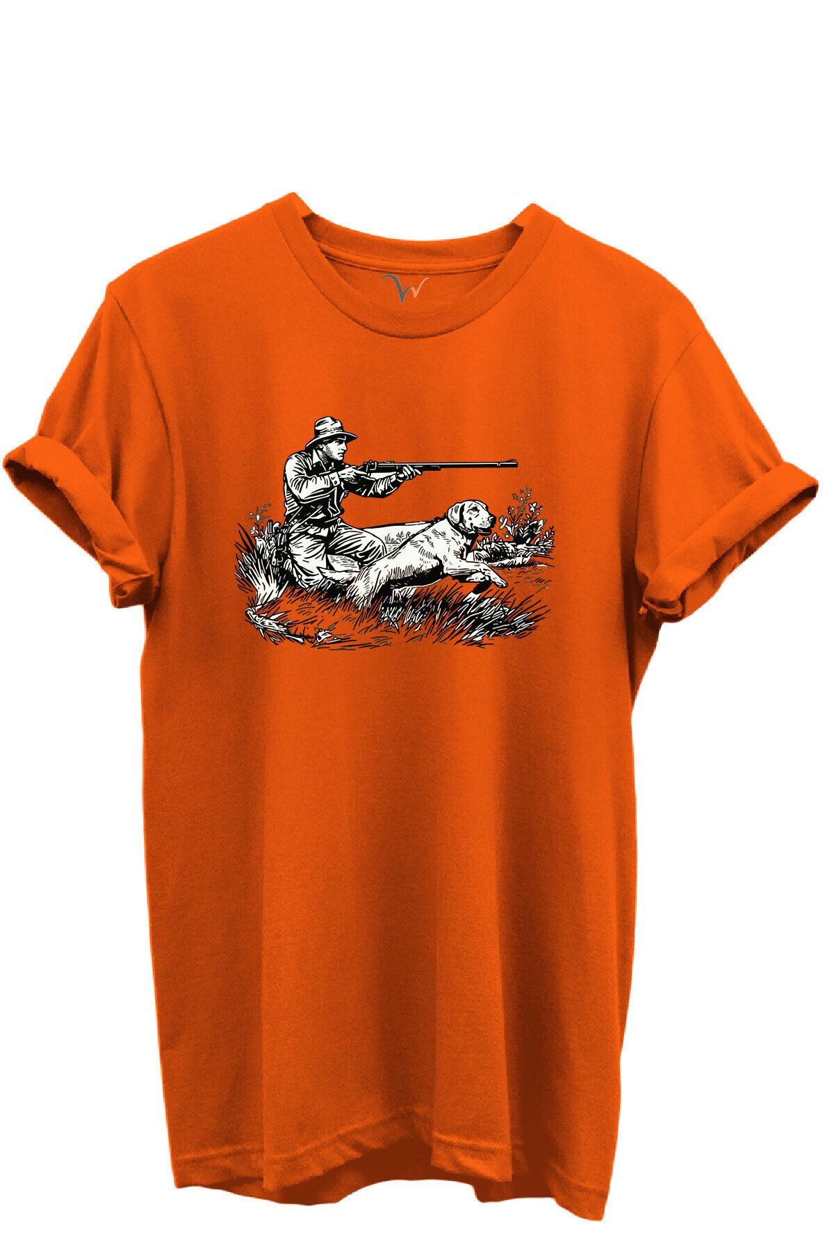 Outdoor Avcılık Avcı ve Köpek Desenli %100 Pamuk Regular Fit Bisiklet Yaka Unisex T-shirt Turuncu - XL