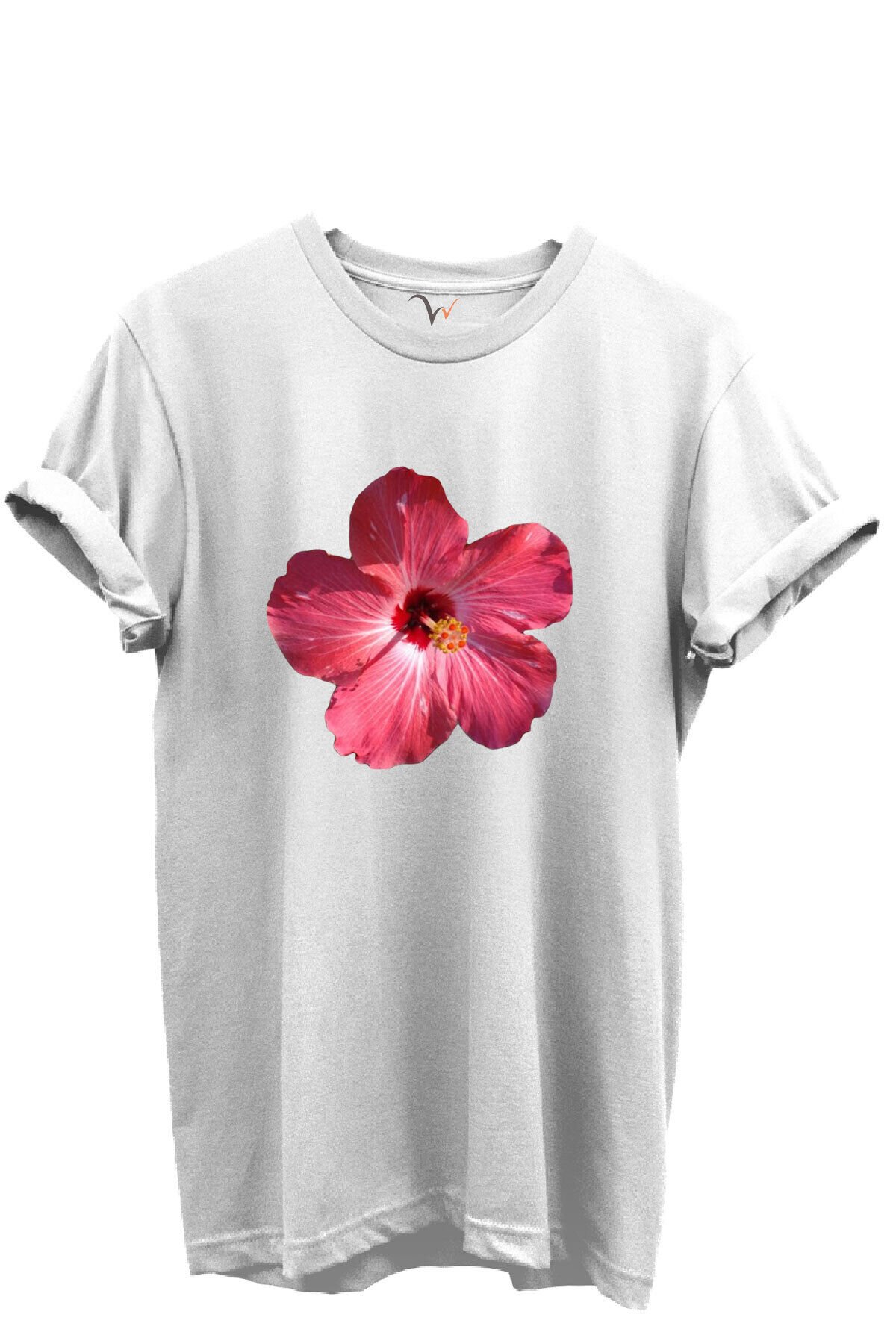 Pembe Tropik Hibiskus Çiçekli Kadın %100 Pamuk Regular Fit Bisiklet Yaka T-Shirt Beyaz - S