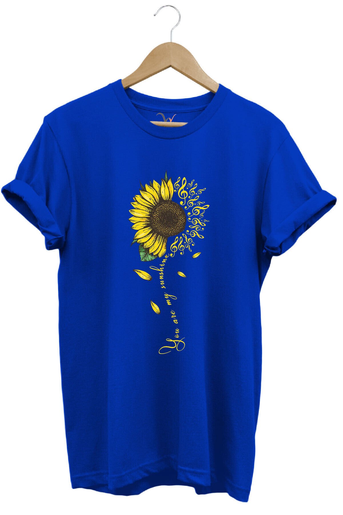 Sarı Ayçiçek Desenli You Are Sunshine Yazı Baskılı %100 Pamuk Regular Fit Unisex T-Shirt Mavi - L