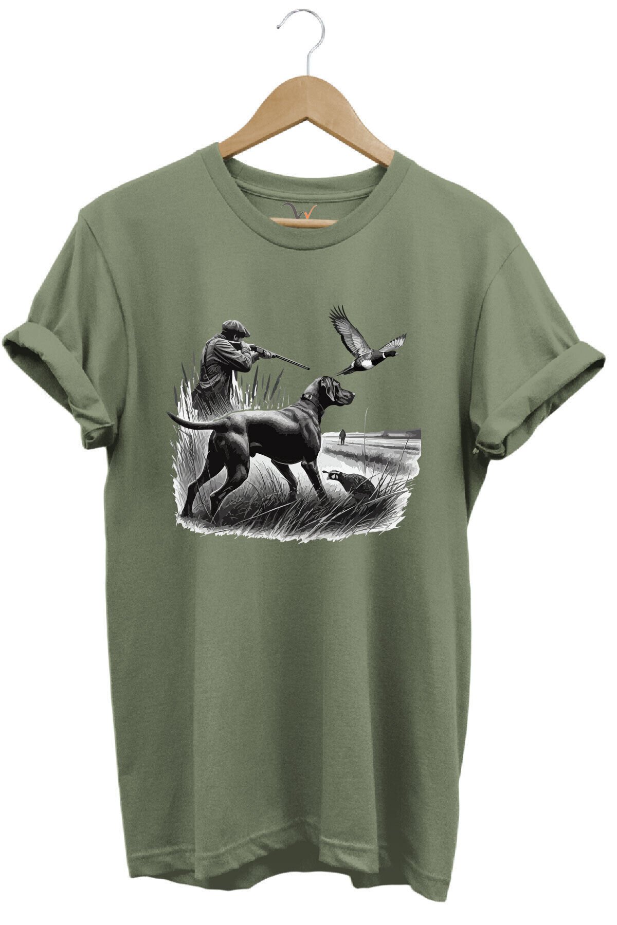 Avcılık Temalı Kuş Avı Ve Av Köpeği Baskılı %100 Pamuk Regular Fit Beyaz T-shirt Haki - 3XL