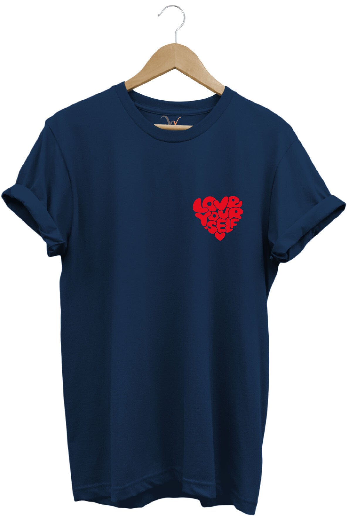 Love Yourself Kalp Tipografi Baskılı %100 Pamuk Unisex Regular Fit T-Shirt Lacivert - M