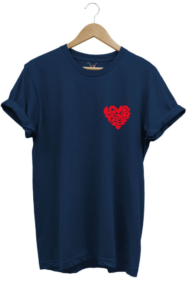 Love Yourself Kalp Tipografi Baskılı %100 Pamuk Unisex Regular Fit T-Shirt Lacivert - M