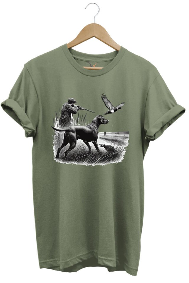 Avcılık Temalı Kuş Avı Ve Av Köpeği Baskılı %100 Pamuk Regular Fit Beyaz T-shirt Haki - M