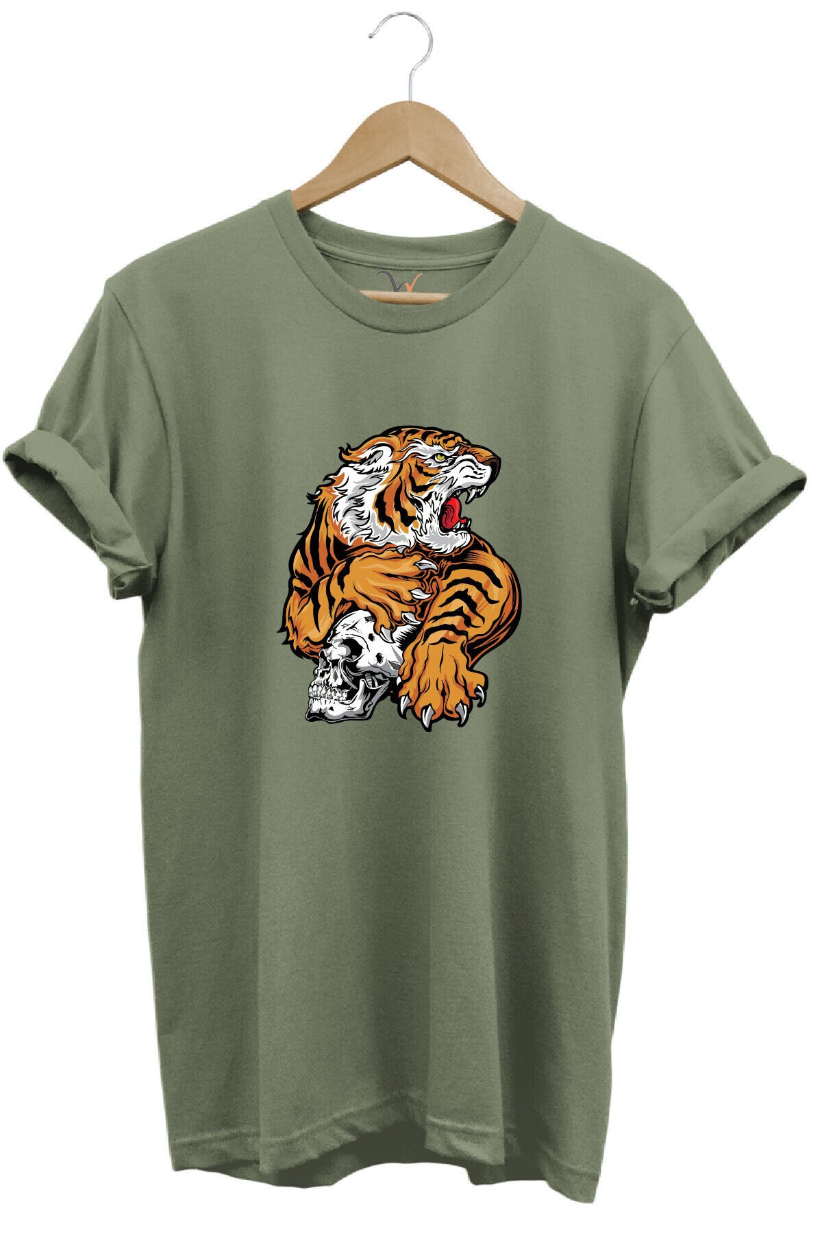 Vahşi Kaplan Tasarım Ve Kuru Kafa Baskılı %100 Pamuk Regular Fit Bisiklet Yaka Kırmızı T-shirt Haki - M
