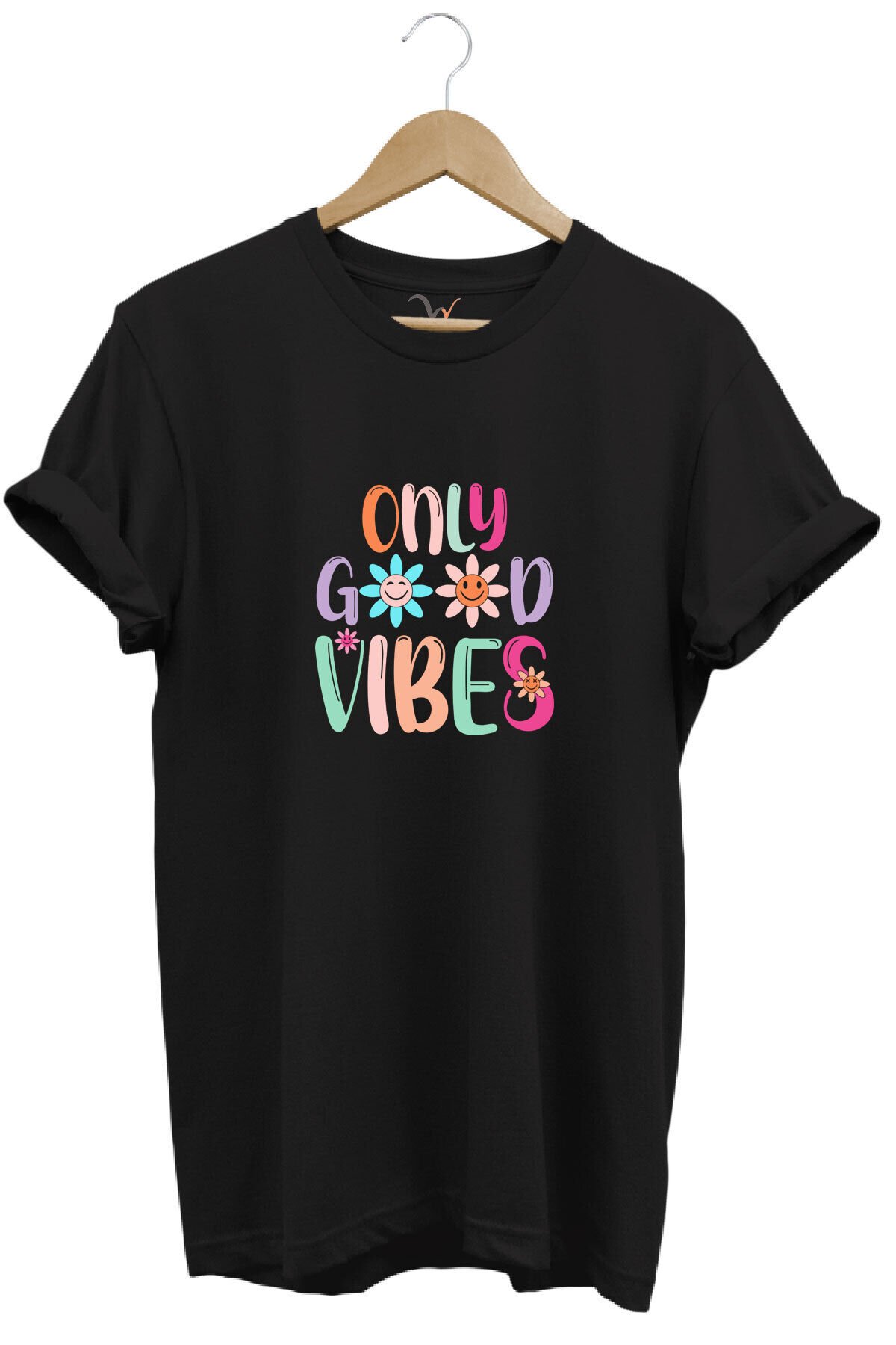 Only Good Vibes Baskılı Papatya Desenli Renkli %100 Pamuk Regular Fit Bisiklet Yaka Mavi T-shirt Siyah - 3XL