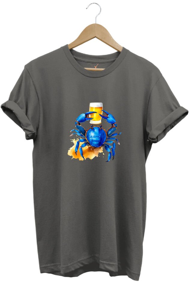 Yaz Baskılı Mavi Yengeç %100 Pamuk Regular Fit Bisiklet Yaka Kırmızı T-shirt Gri - XL