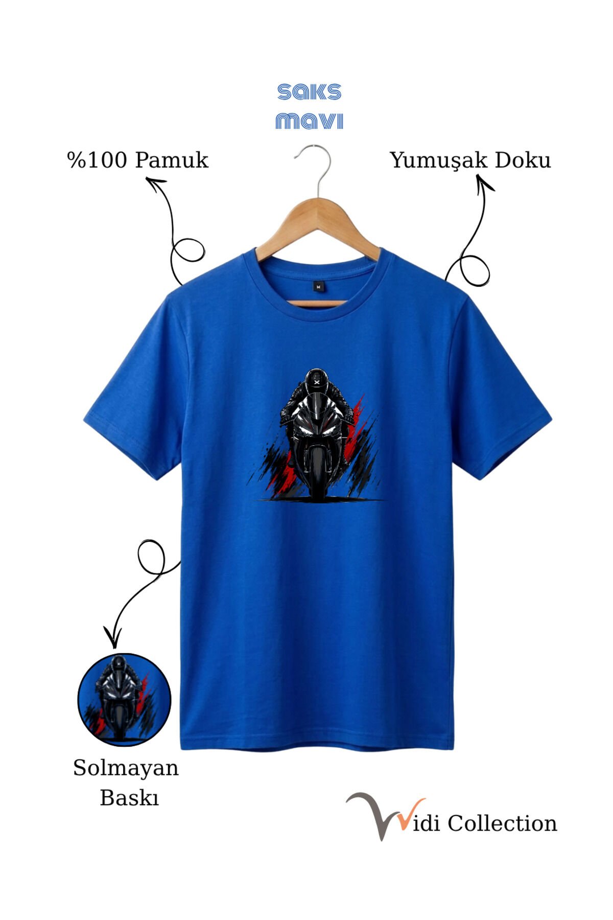 Spor Motor Baskılı Hız Temalı %100 Pamuk Unisex Regular Fit T-Shirt Mavi - S