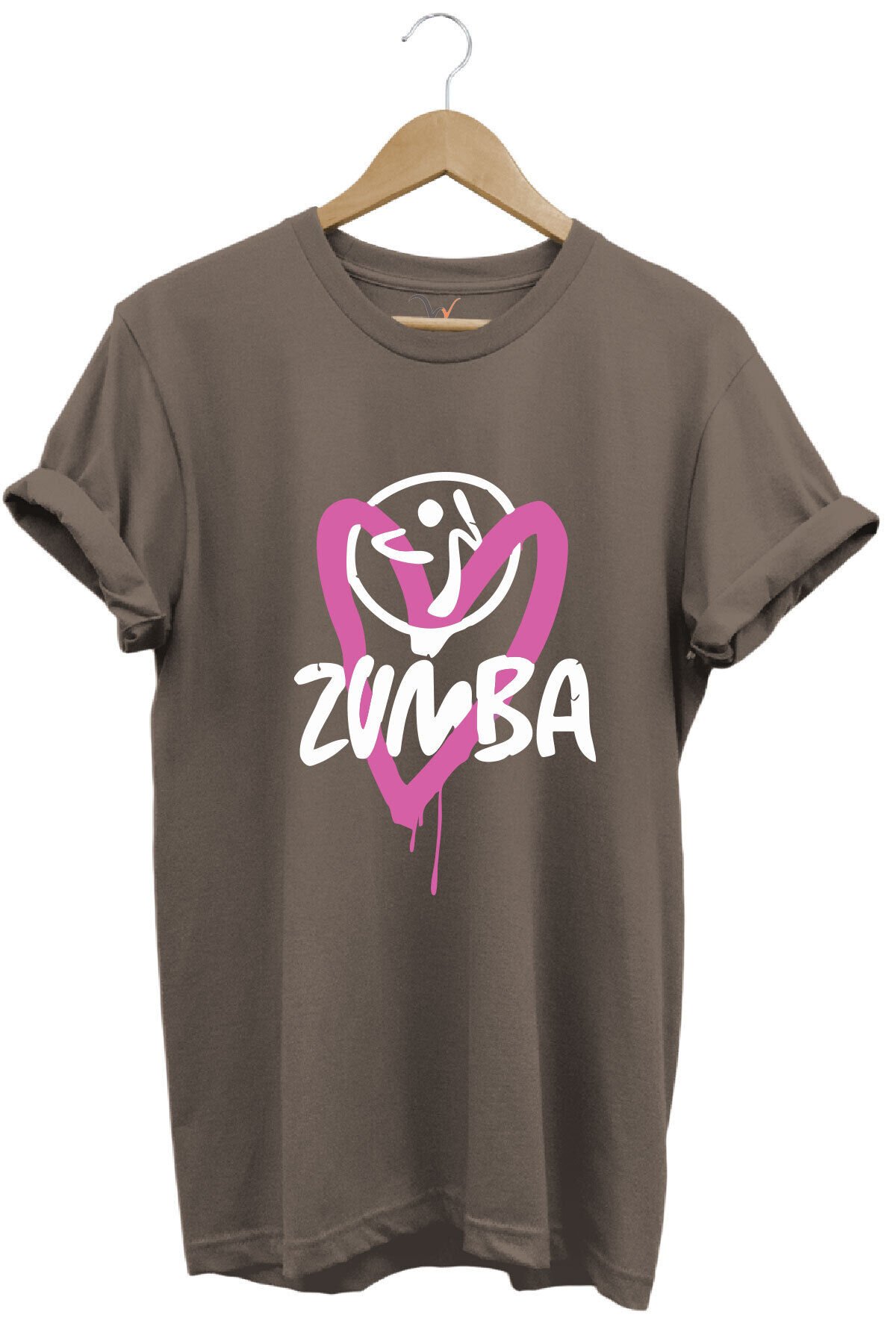 Zumba Fitness Kalp Baskılı %100 Pamuk Regular Fit Bisiklet Yaka T-shirt Kahverengi - 2XL