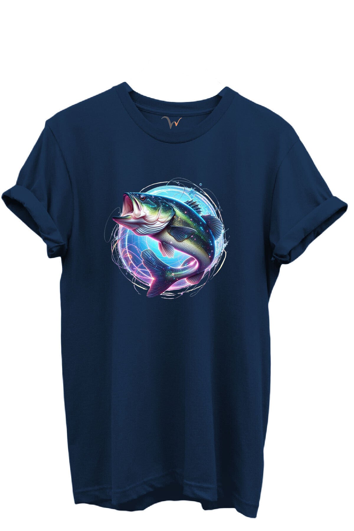 Renkli Neon Balık Desenli %100 Pamuk Regular Fit Unisex T-Shirt Lacivert - 3XL