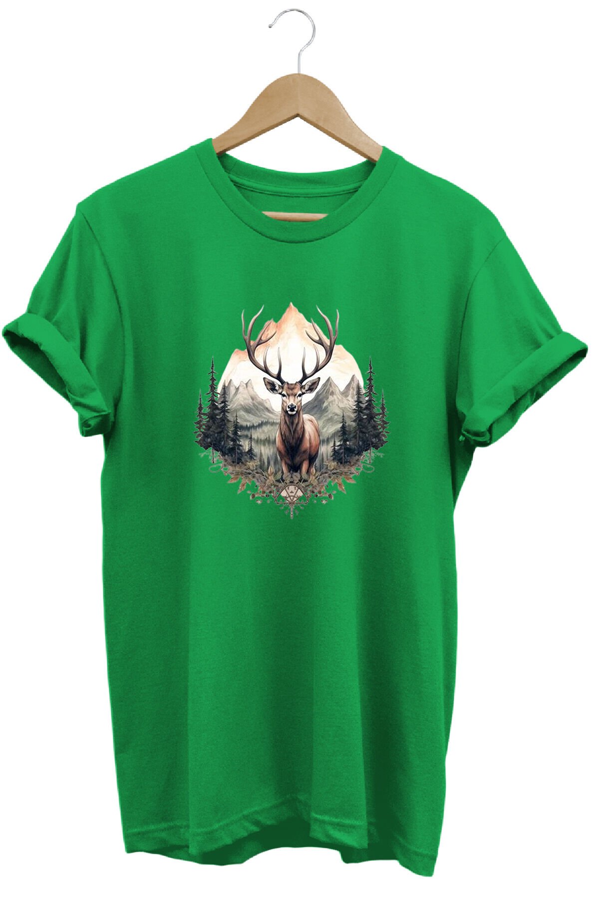 Unisex Geyik ve Dağ Manzaralı Baskılı Bisiklet Yaka Tişört T-shirt Yeşil - S