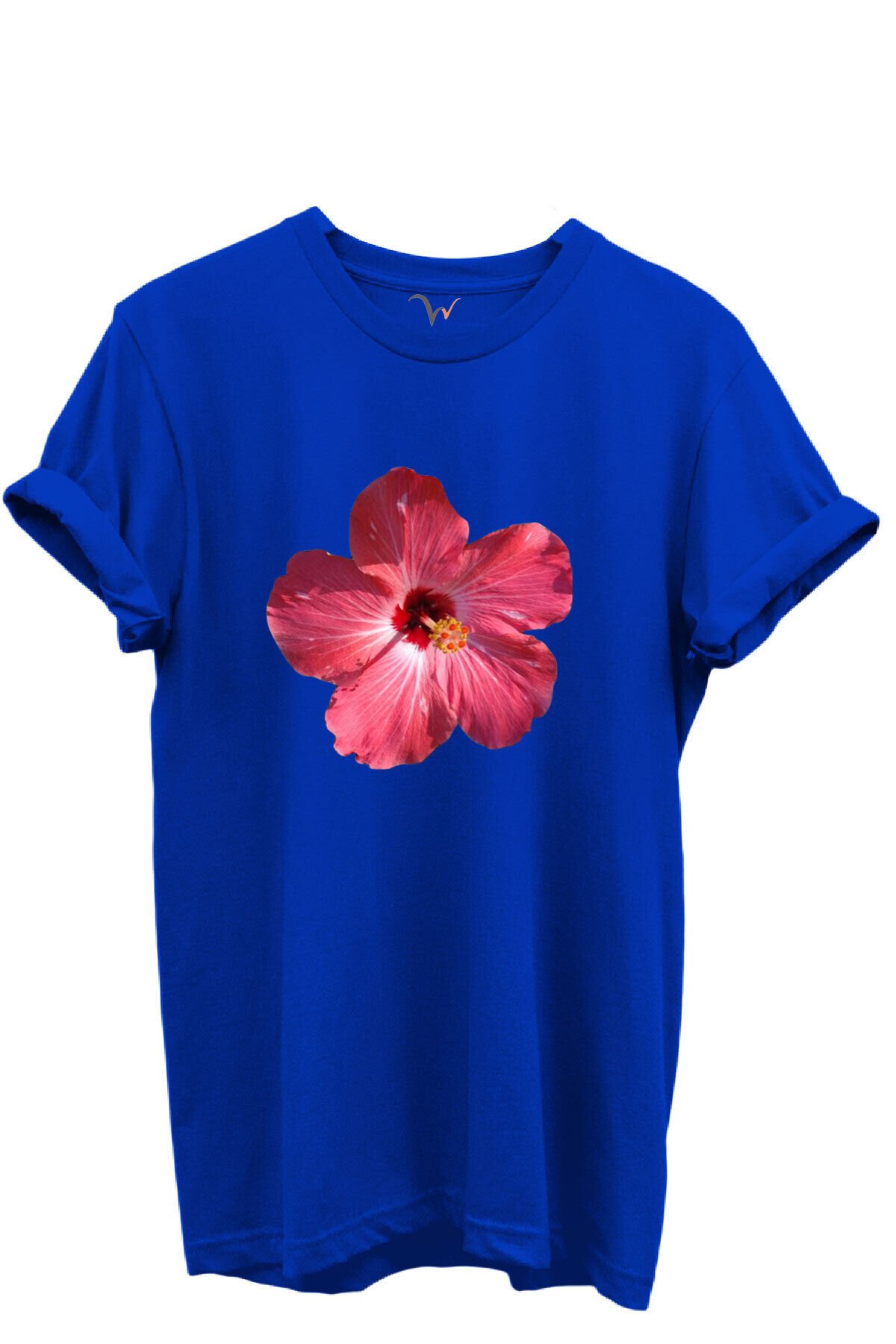 Pembe Tropik Hibiskus Çiçekli Kadın %100 Pamuk Regular Fit Bisiklet Yaka T-Shirt Mavi - M