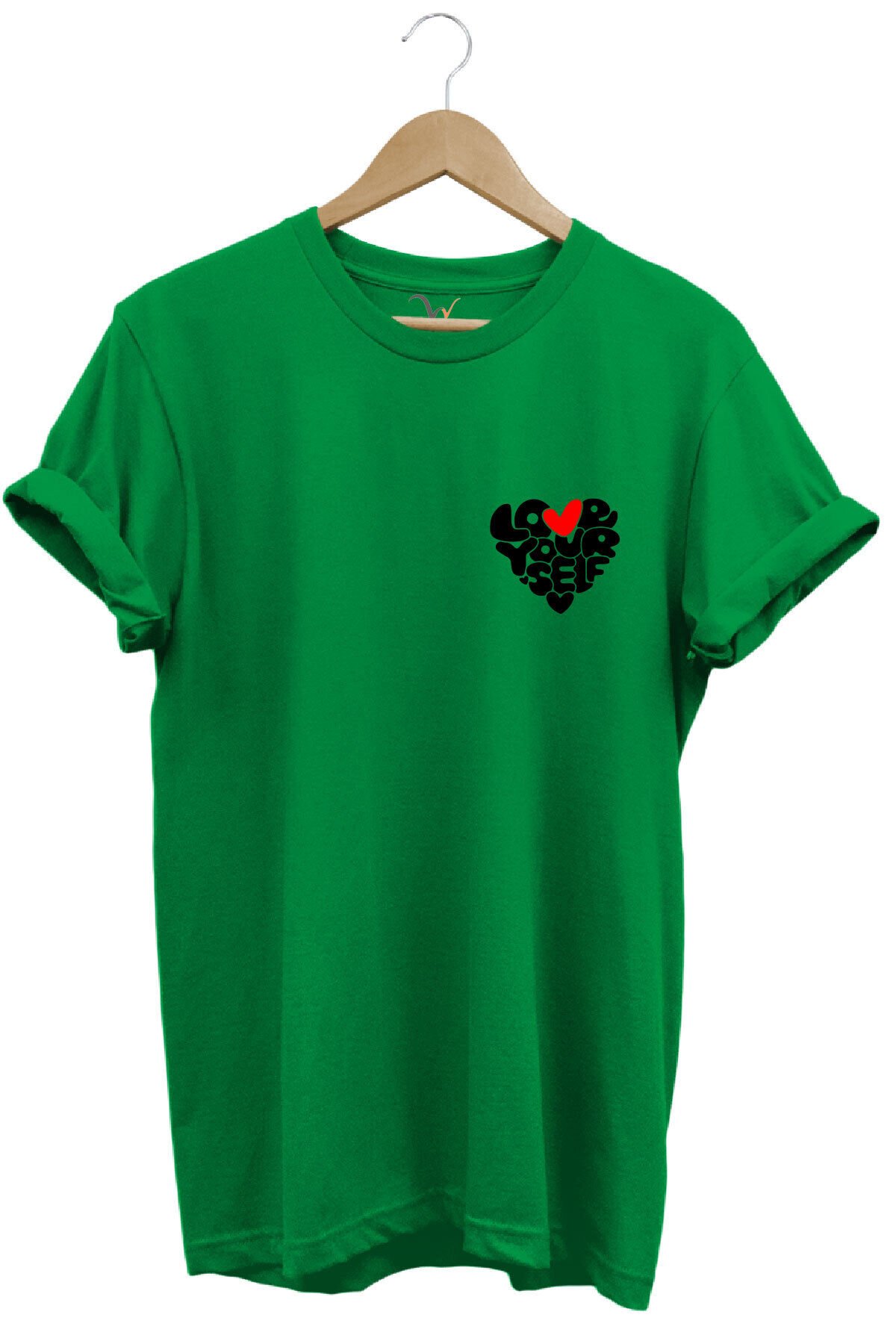 Love Yourself Kalp Tipografi Baskılı %100 Pamuk Unisex Regular Fit T-Shirt Yeşil - L