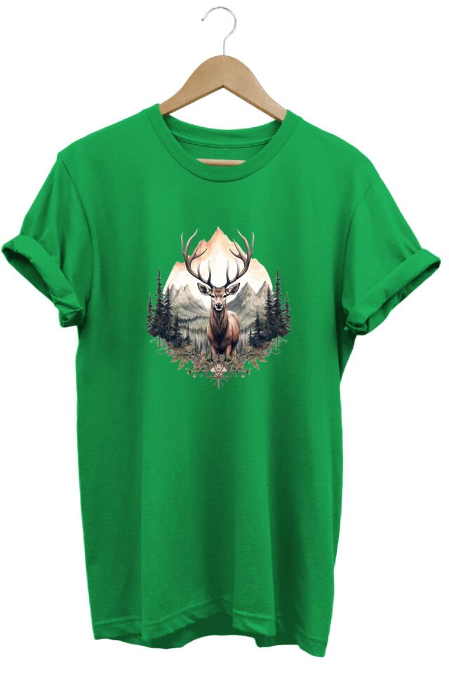 Unisex Geyik ve Dağ Manzaralı Baskılı Bisiklet Yaka Tişört T-shirt Yeşil - 3XL