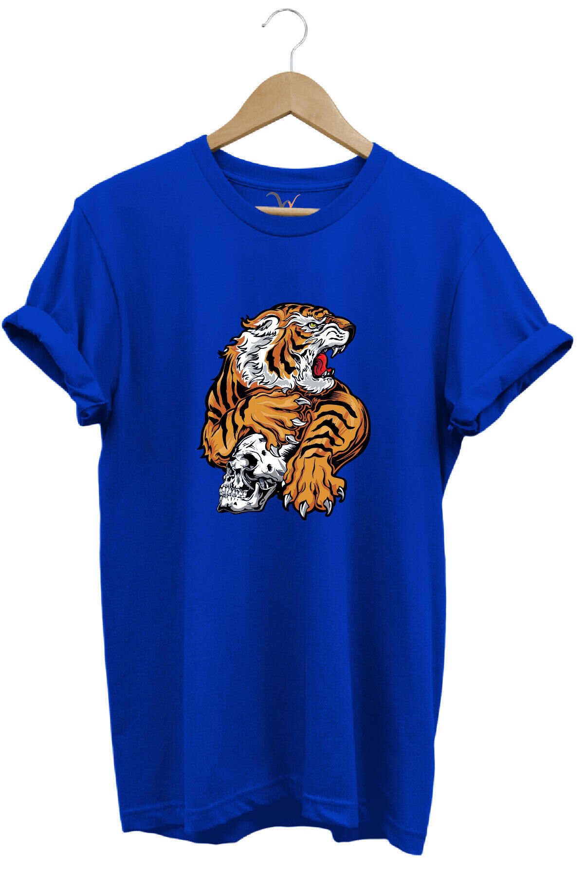 Vahşi Kaplan Tasarım Ve Kuru Kafa Baskılı %100 Pamuk Regular Fit Bisiklet Yaka Kırmızı T-shirt Mavi - L