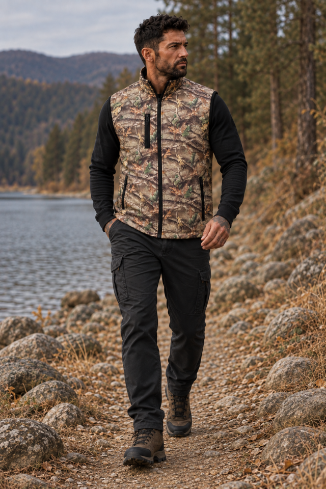 Meşe Desenli Avcı Yeleği – Fermuarlı Çok Cepli Outdoor Kamuflaj Yelek