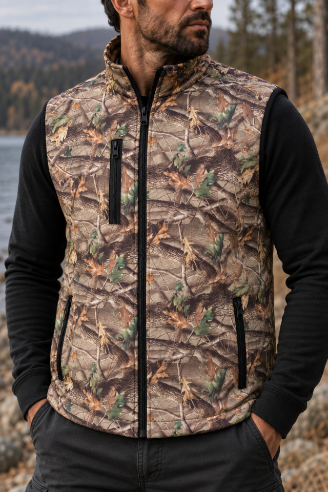 Meşe Desenli Avcı Yeleği – Fermuarlı Çok Cepli Outdoor Kamuflaj Yelek