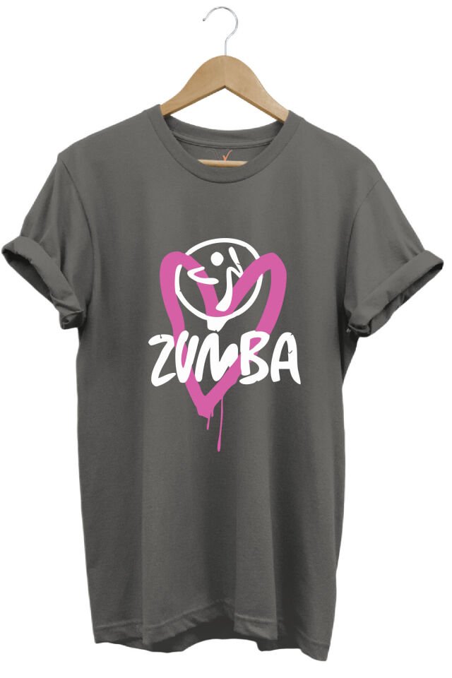 Zumba Fitness Kalp Baskılı %100 Pamuk Regular Fit Bisiklet Yaka T-shirt Antrasit - 3XL