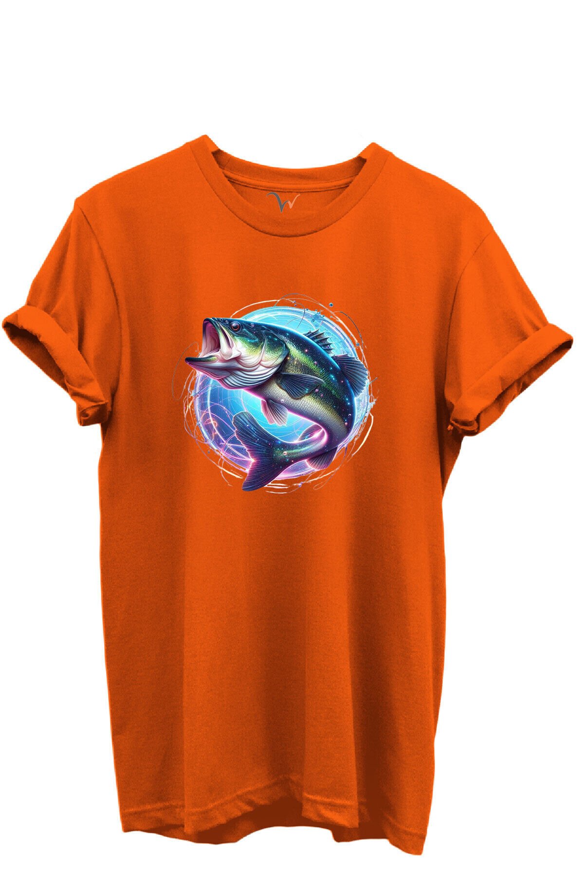 Renkli Neon Balık Desenli %100 Pamuk Regular Fit Unisex T-Shirt Turuncu - 3XL