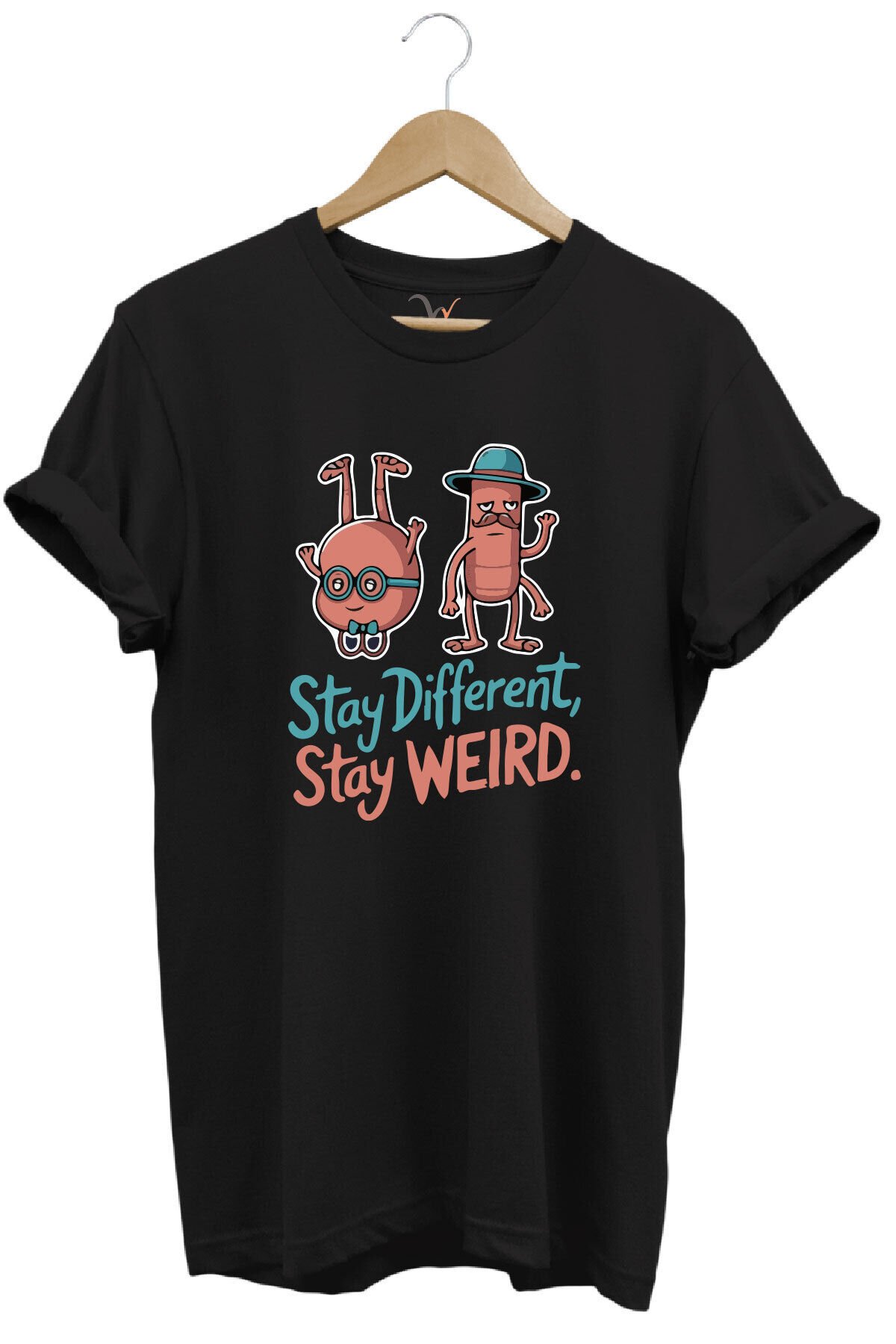 Stay Different Stay Weird Sevimli Şık Tasarım Baskılı %100 Pamuk Bisiklet Yaka Regular Fit T-Shirt Siyah - 3XL