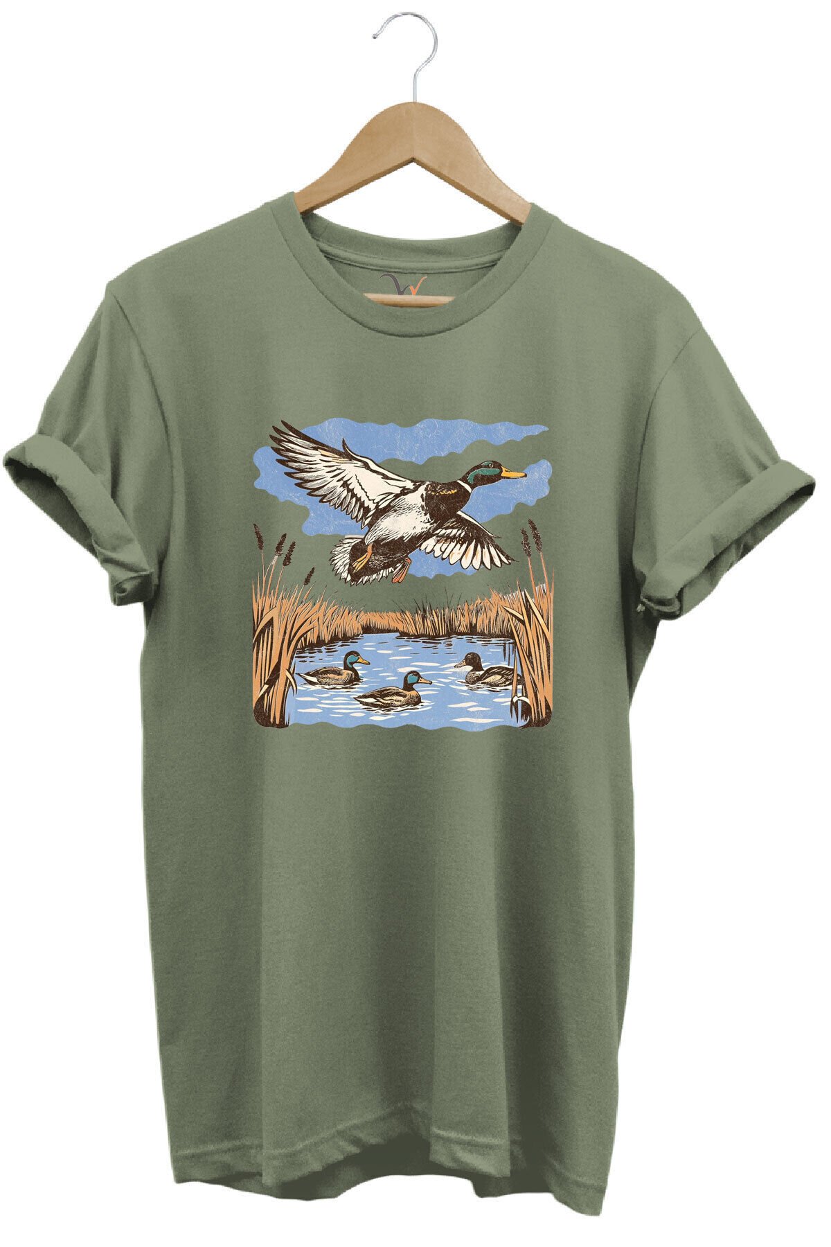 Hunting Avcılık Ördek Avı Sazlık Göl Baskılı %100 Pamuk Regular Fit Unisex T-Shirt Haki - S