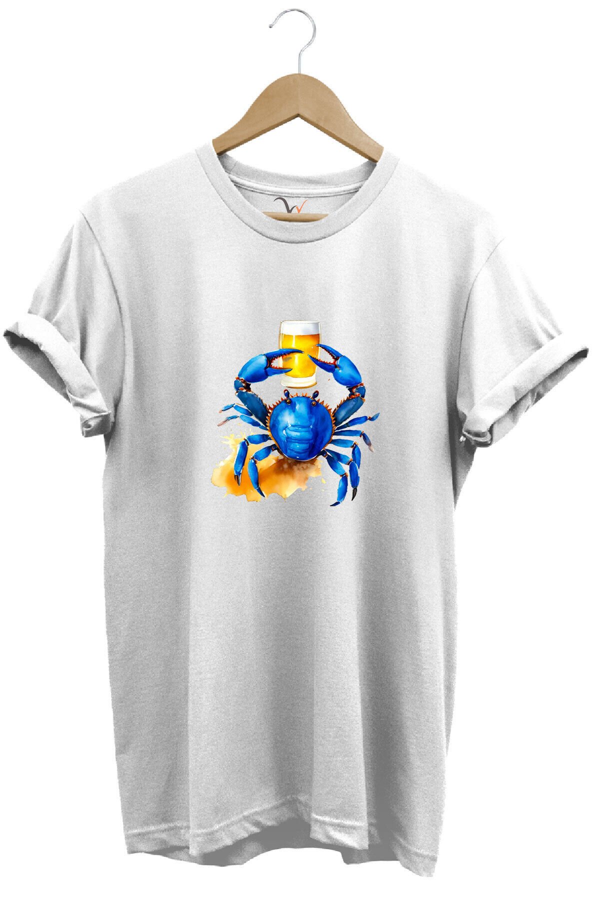 Yaz Baskılı Mavi Yengeç %100 Pamuk Regular Fit Bisiklet Yaka Kırmızı T-shirt Beyaz - 2XL