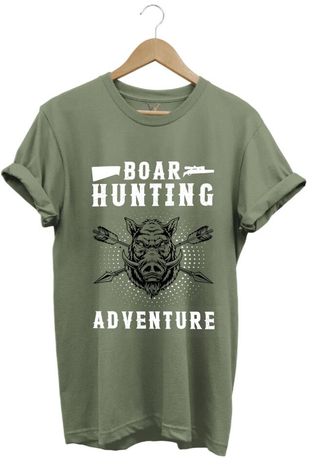 Domuz Avcılığı Baskılı Hunter Avcılık Temalı %100 Pamuk Regular Fit Haki T-shirt Haki - L