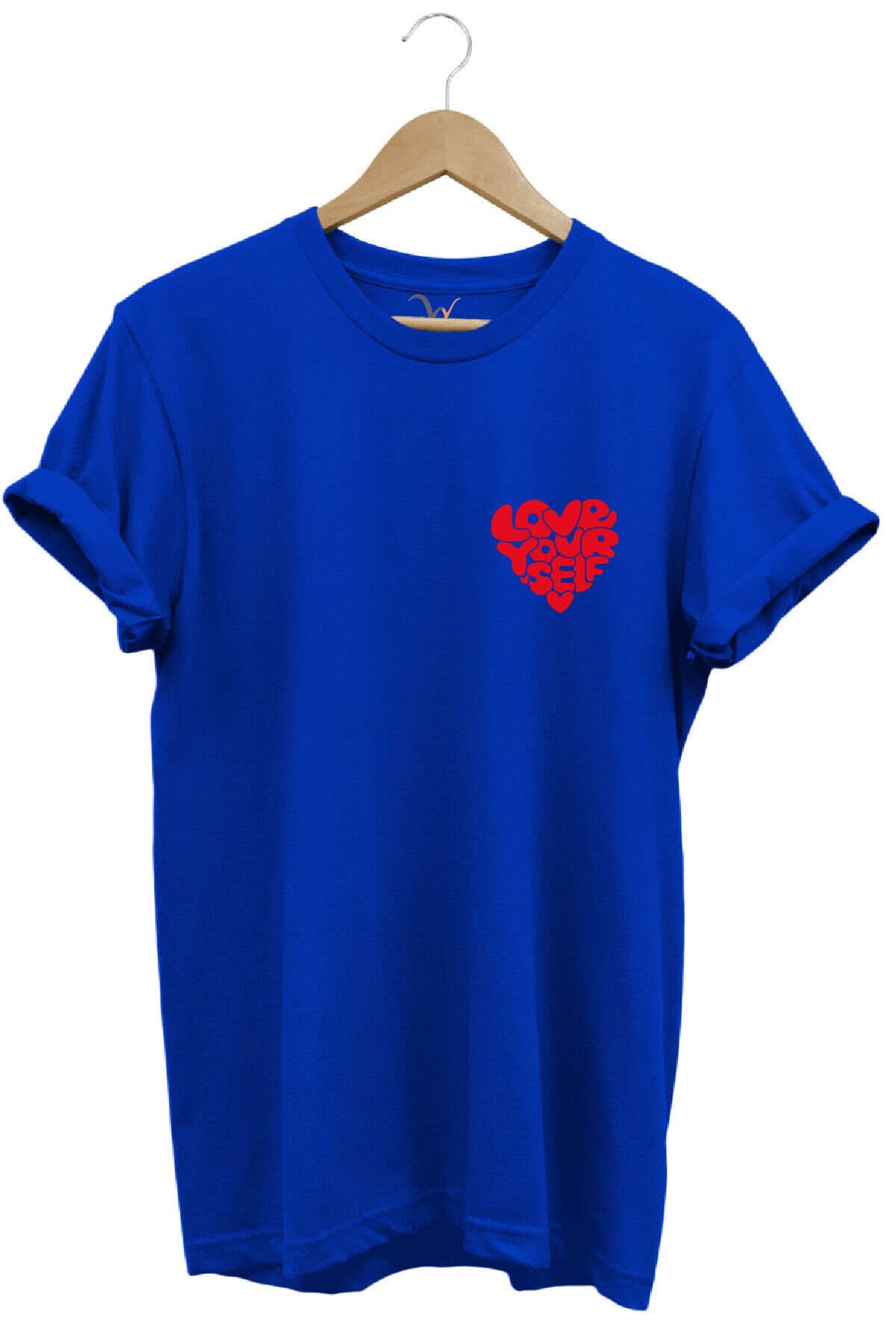 Love Yourself Kalp Tipografi Baskılı %100 Pamuk Unisex Regular Fit T-Shirt Mavi - S