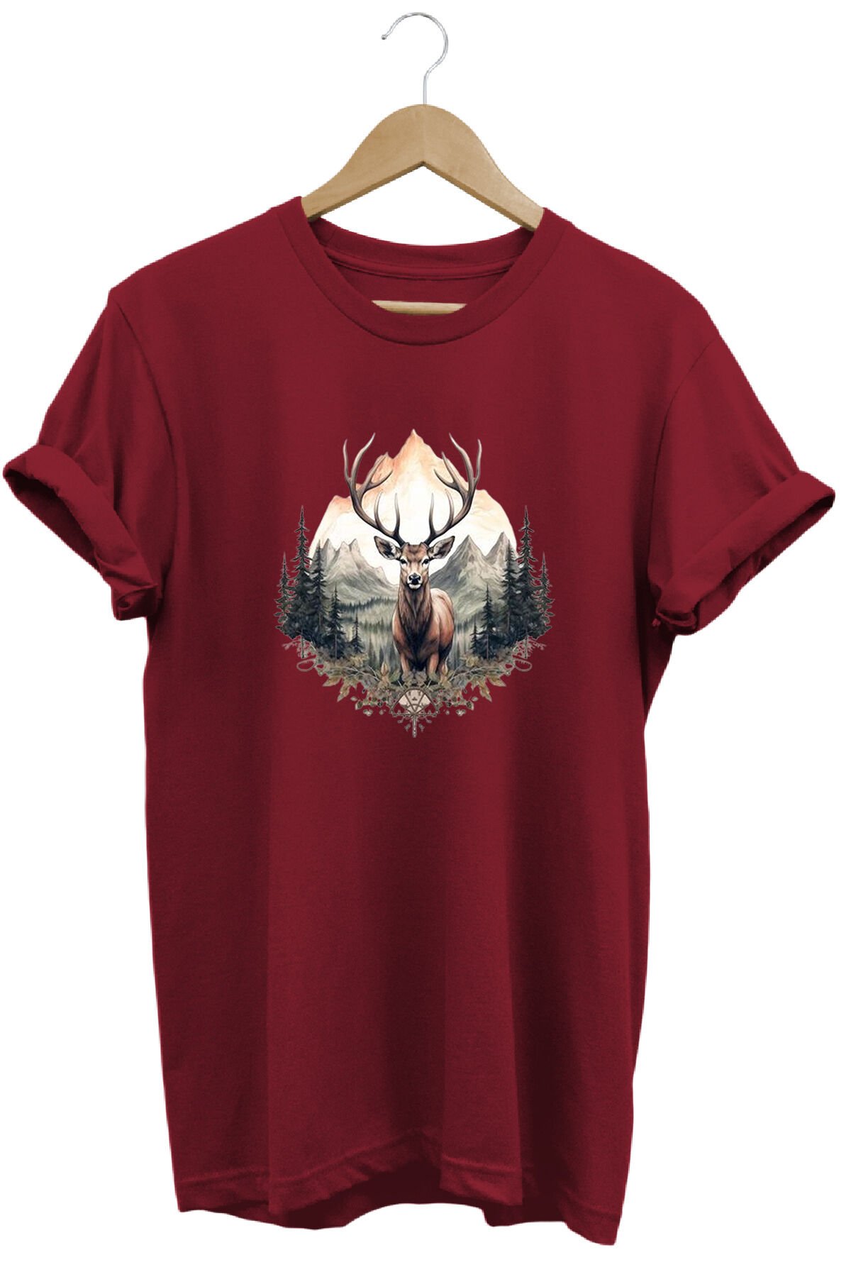 Unisex Geyik ve Dağ Manzaralı Baskılı Bisiklet Yaka Tişört T-shirt Bordo - L