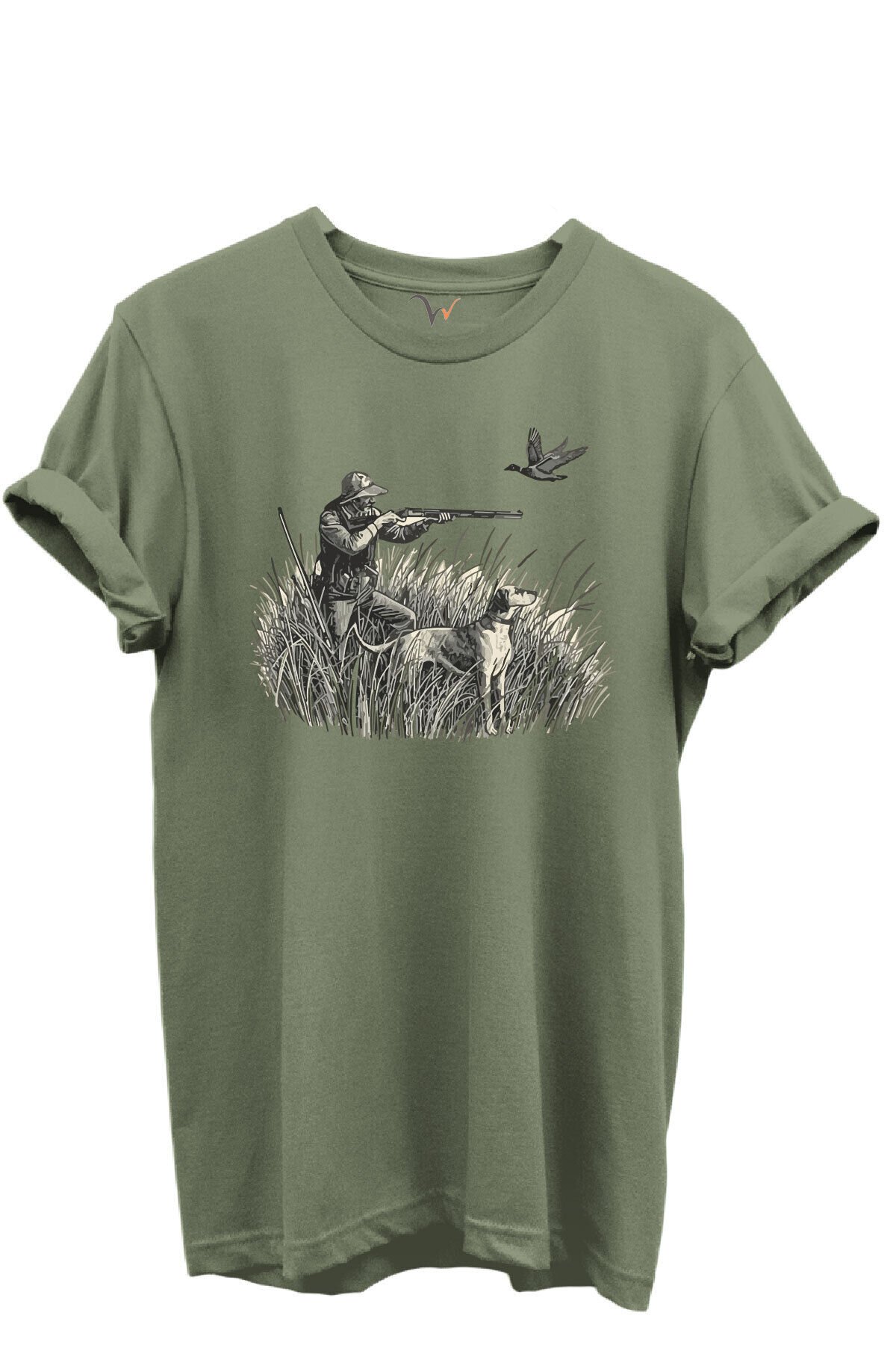 Outdoor Avcılık Avcı, Köpek ve Kuş Desenli %100 Pamuk Regular Fit Bisiklet Yaka Unisex T-shirt Haki - L