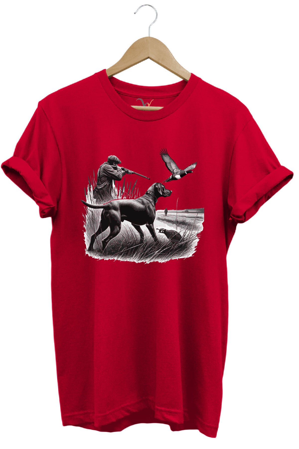 Avcılık Temalı Kuş Avı Ve Av Köpeği Baskılı %100 Pamuk Regular Fit Beyaz T-shirt Kırmızı - 3XL