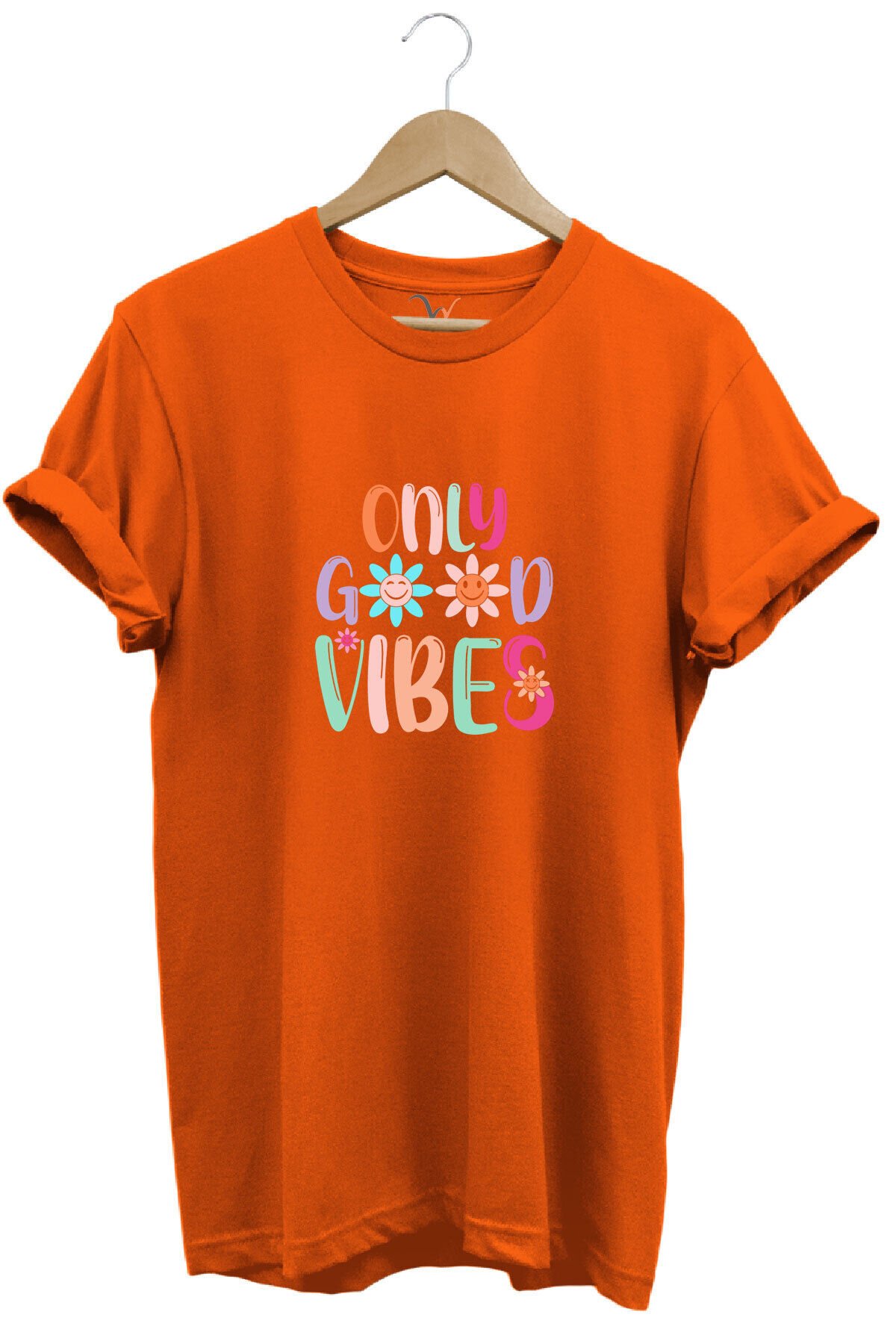 Only Good Vibes Baskılı Papatya Desenli Renkli %100 Pamuk Regular Fit Bisiklet Yaka Mavi T-shirt Turuncu - 3XL