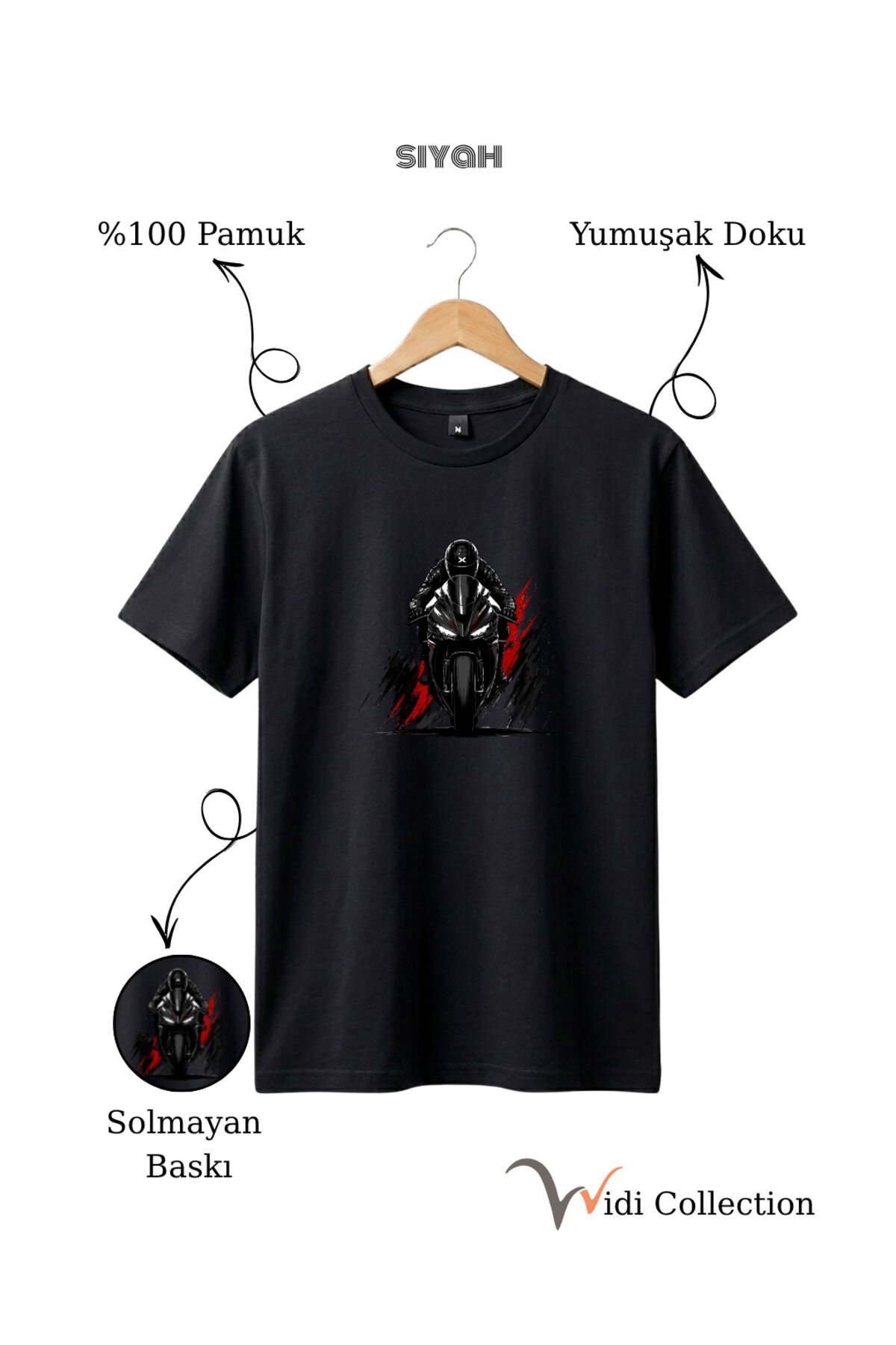 Spor Motor Baskılı Hız Temalı %100 Pamuk Unisex Regular Fit T-Shirt Siyah - M