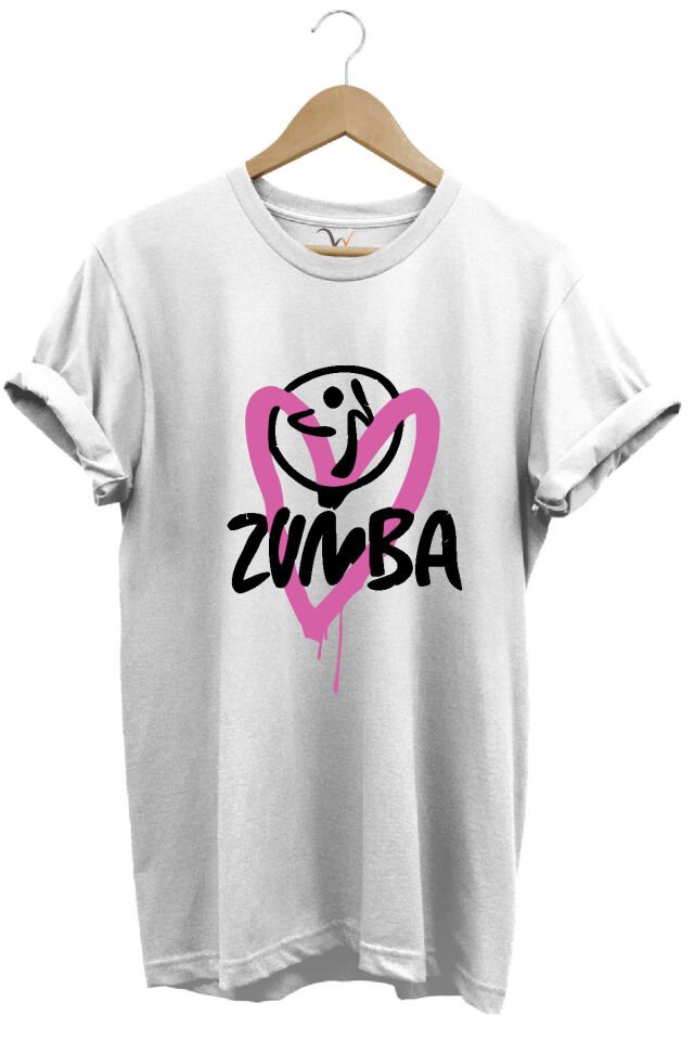 Zumba Fitness Kalp Baskılı %100 Pamuk Regular Fit Bisiklet Yaka T-shirt Beyaz - 2XL