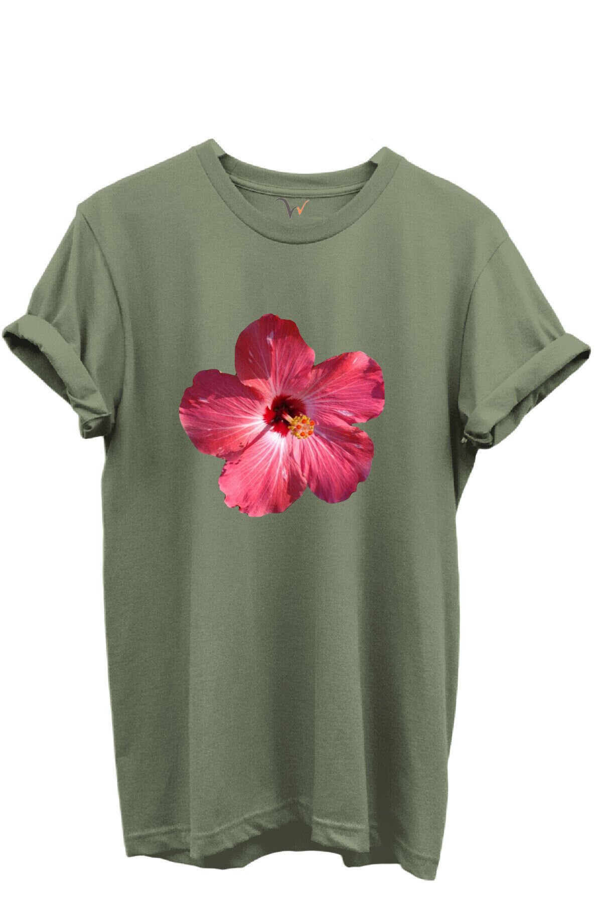 Pembe Tropik Hibiskus Çiçekli Kadın %100 Pamuk Regular Fit Bisiklet Yaka T-Shirt Haki - XL
