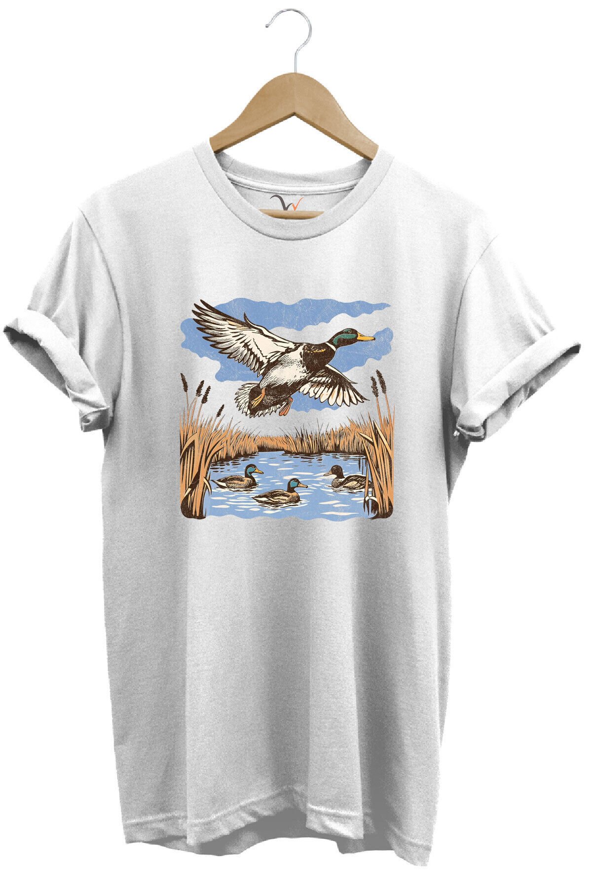 Hunting Avcılık Ördek Avı Sazlık Göl Baskılı %100 Pamuk Regular Fit Unisex T-Shirt Beyaz - L