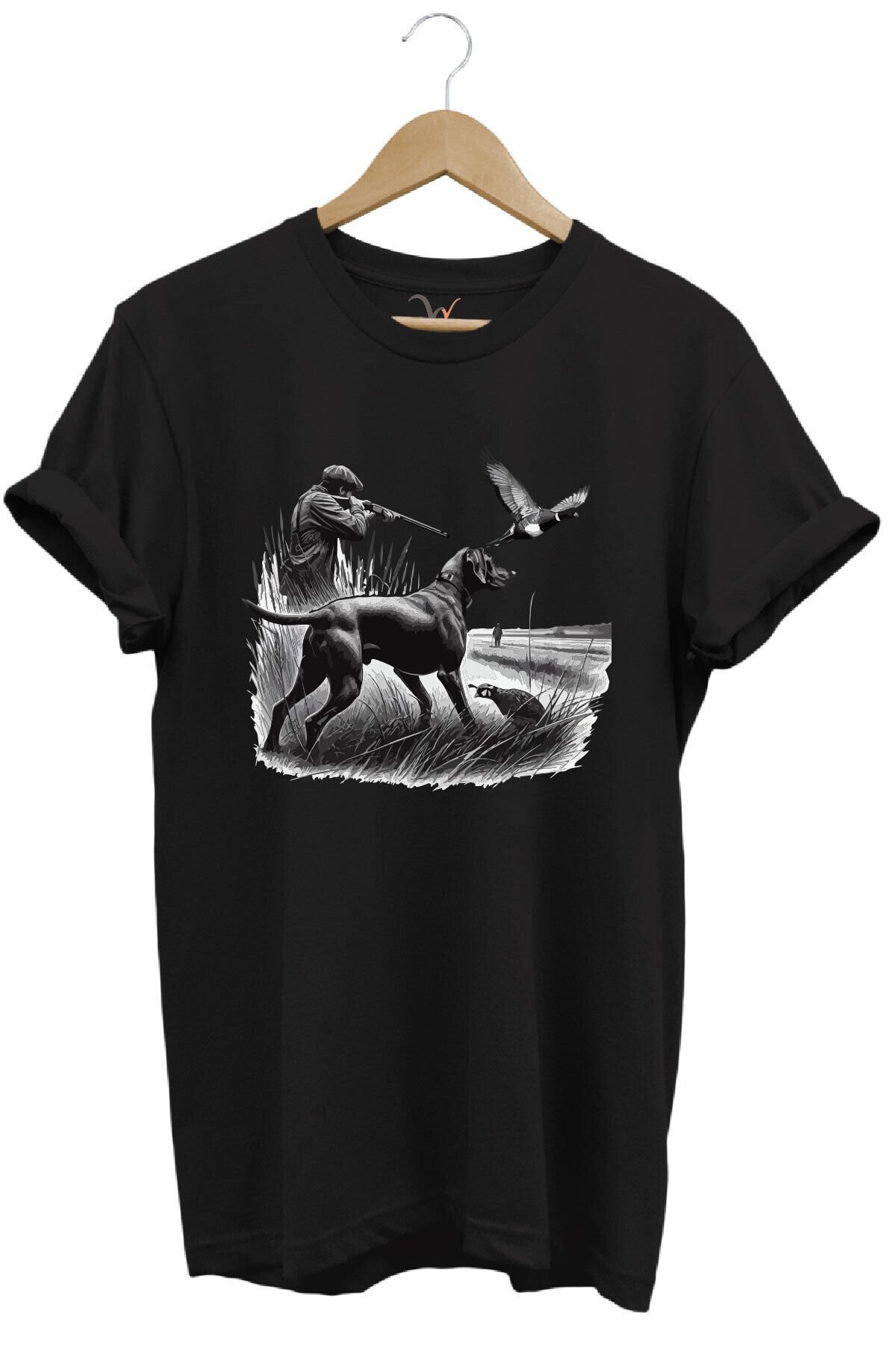 Avcılık Temalı Kuş Avı Ve Av Köpeği Baskılı %100 Pamuk Regular Fit Beyaz T-shirt Siyah - 3XL