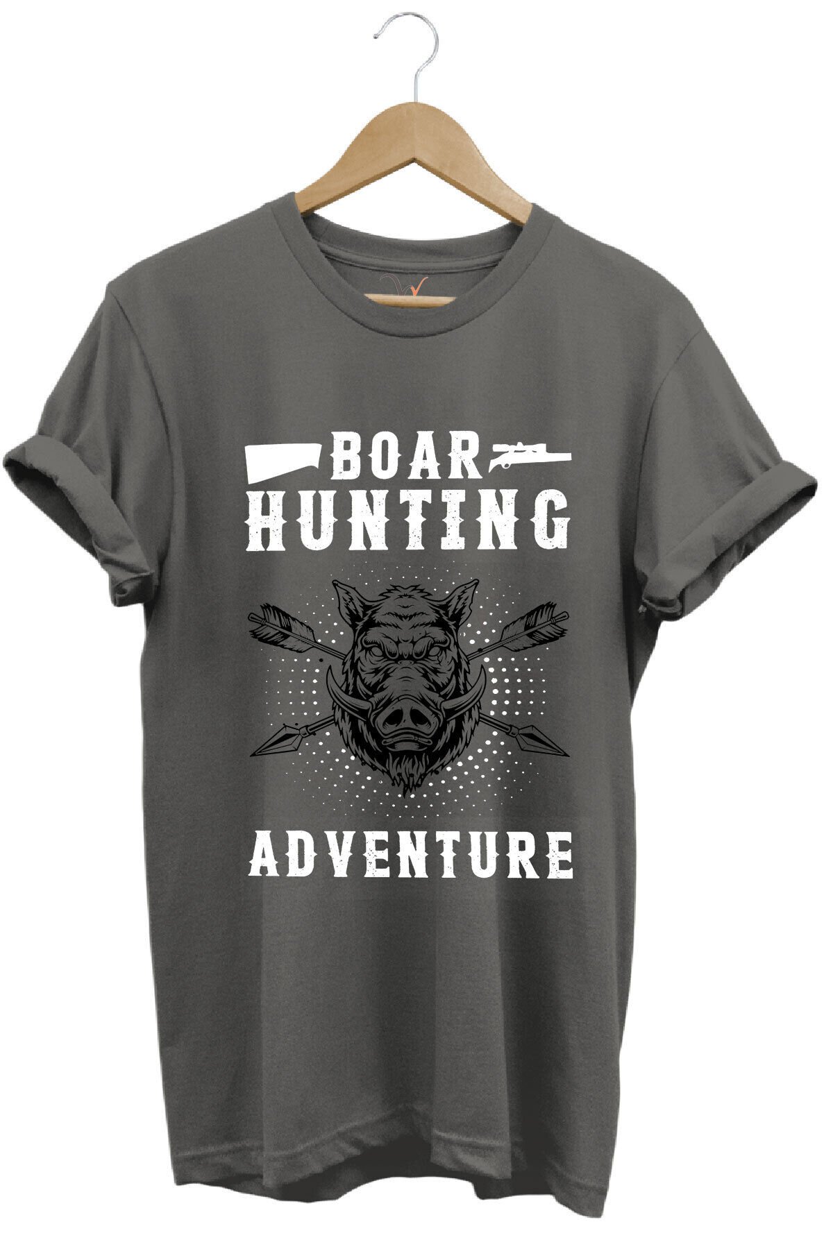 Domuz Avcılığı Baskılı Hunter Avcılık Temalı %100 Pamuk Regular Fit Haki T-shirt Antrasit - XL
