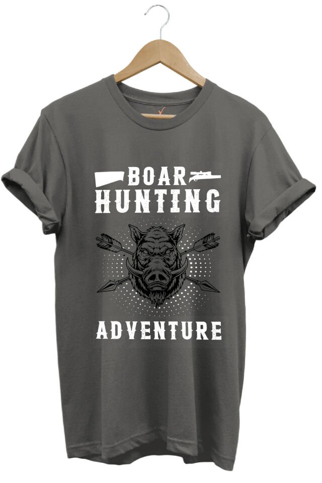 Domuz Avcılığı Baskılı Hunter Avcılık Temalı %100 Pamuk Regular Fit Haki T-shirt Antrasit - XL