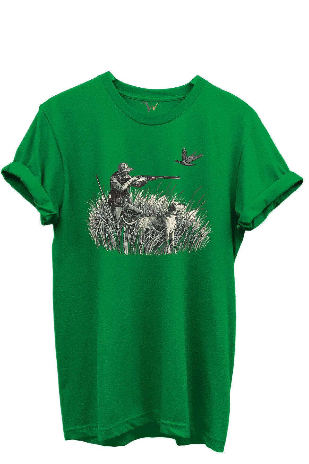 Outdoor Avcılık Avcı, Köpek ve Kuş Desenli %100 Pamuk Regular Fit Bisiklet Yaka Unisex T-shirt Yeşil - 2XL