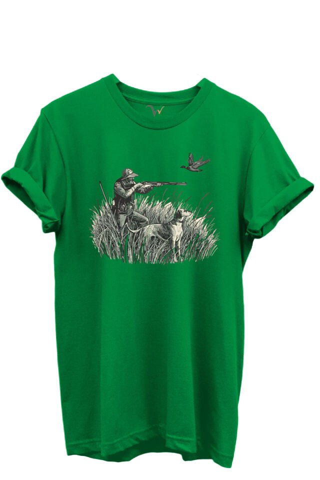Outdoor Avcılık Avcı, Köpek ve Kuş Desenli %100 Pamuk Regular Fit Bisiklet Yaka Unisex T-shirt Yeşil - 2XL