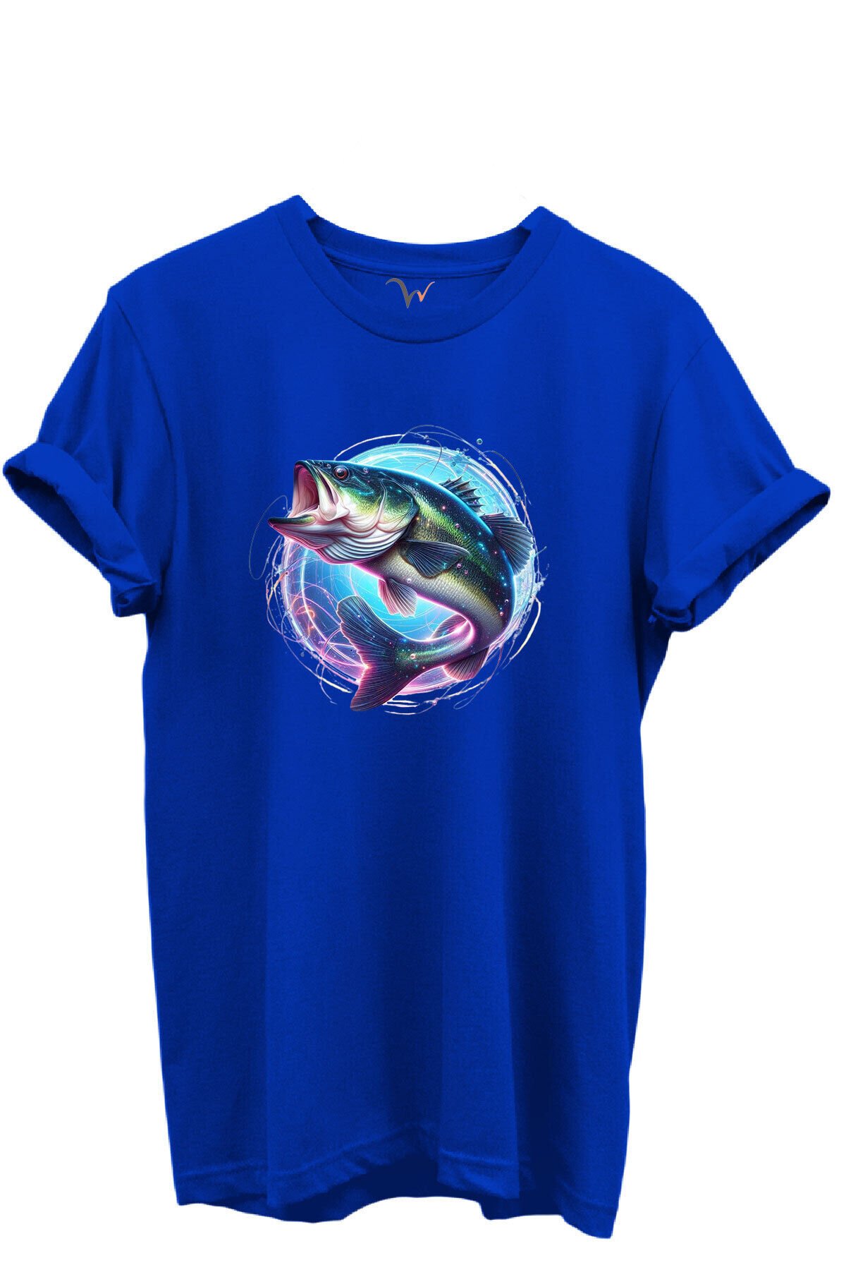 Renkli Neon Balık Desenli %100 Pamuk Regular Fit Unisex T-Shirt Mavi - 2XL