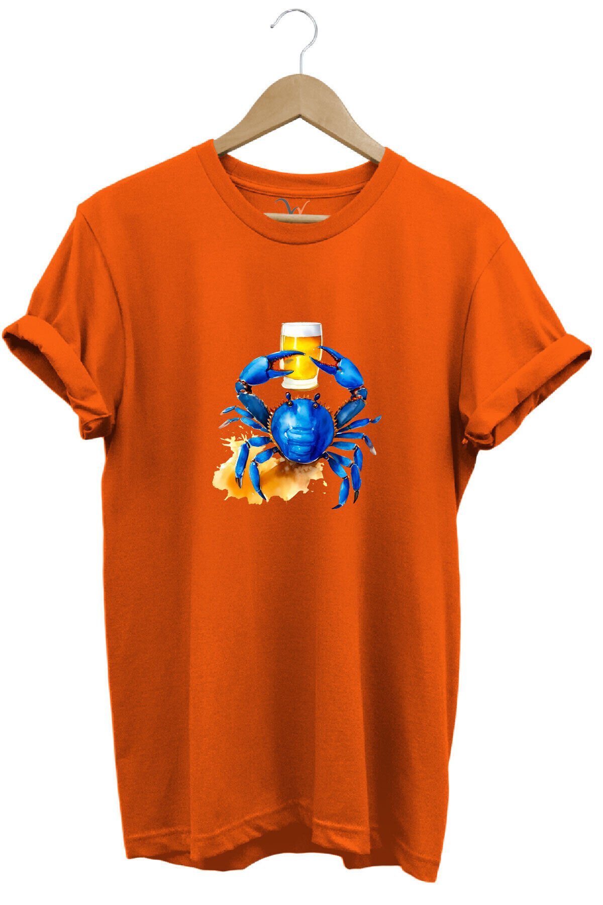 Yaz Baskılı Mavi Yengeç %100 Pamuk Regular Fit Bisiklet Yaka Kırmızı T-shirt Turuncu - L