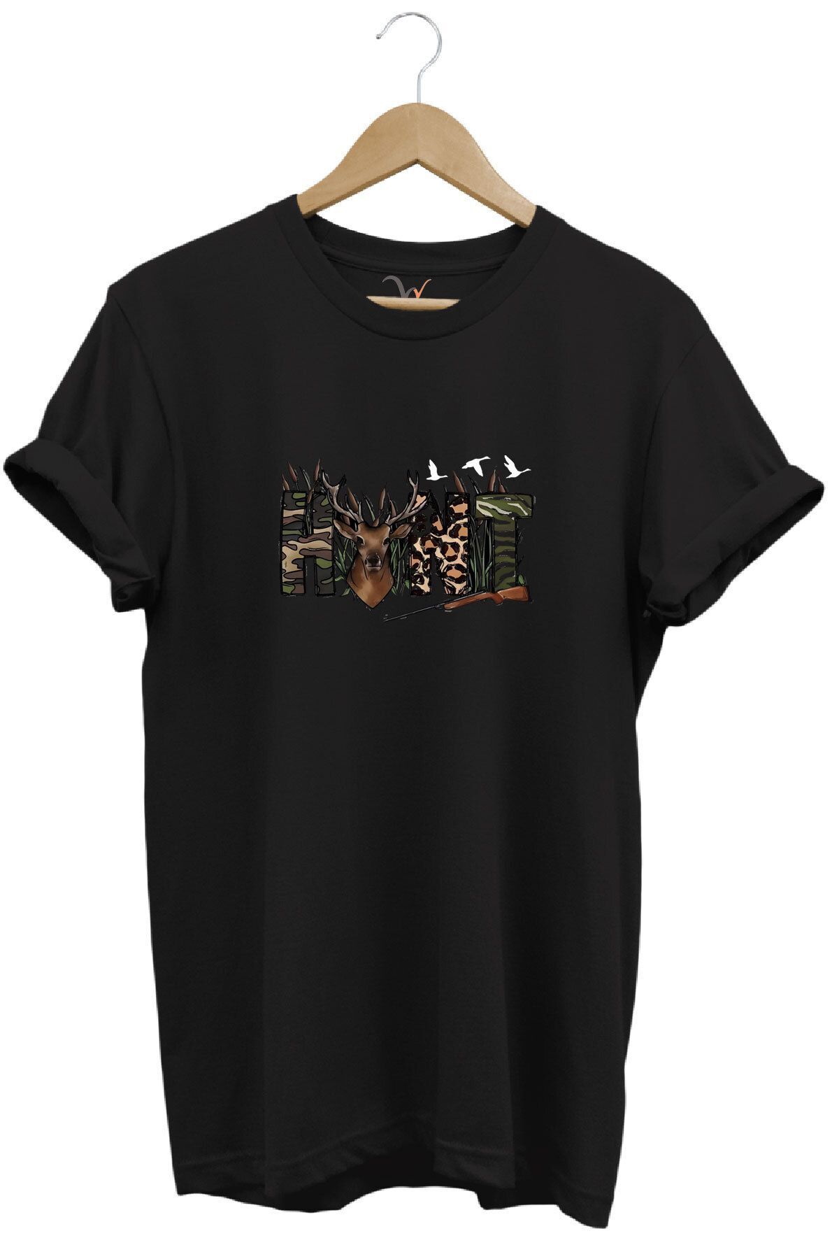 Avcılık Hunter Outdoor Geyik Tasarımlı Hunt Yazı Baskılı %100 Pamuk Regular Fit Lacivert T-shirt Siyah - M