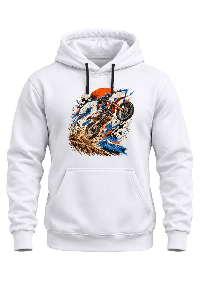 Motokros Baskılı Unisex Regular Kalıp 3 İplik Kalın Kapüşonlu Kanguru Cepli Sweatshirt