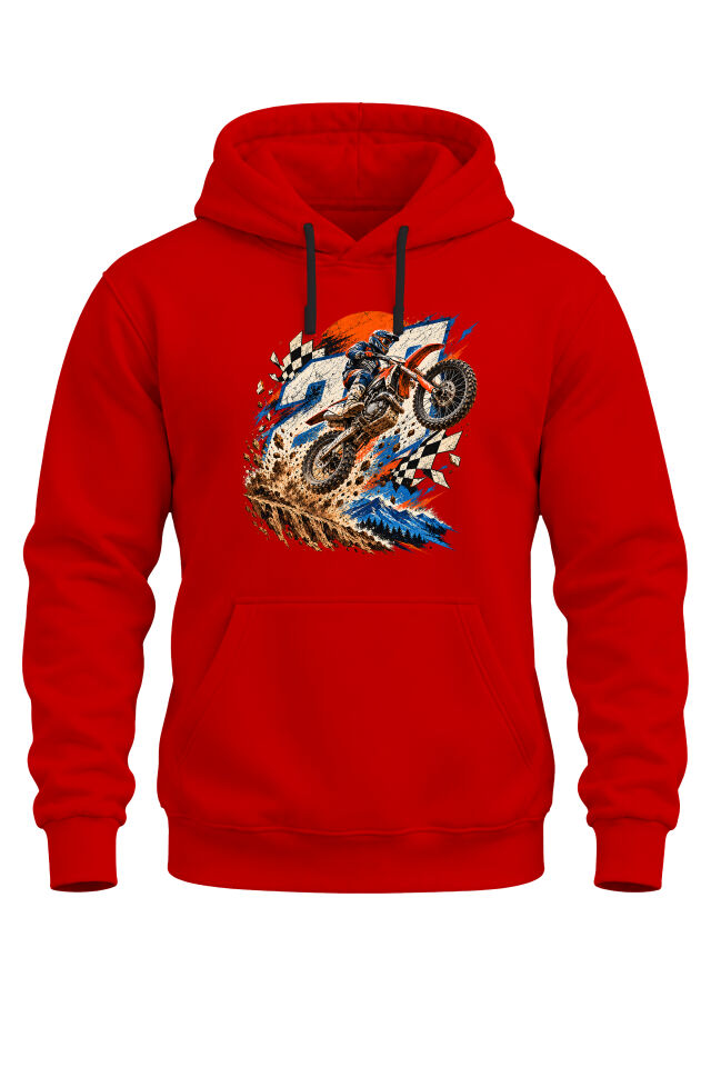 Motokros Baskılı Unisex Regular Kalıp 3 İplik Kalın Kapüşonlu Kanguru Cepli Sweatshirt