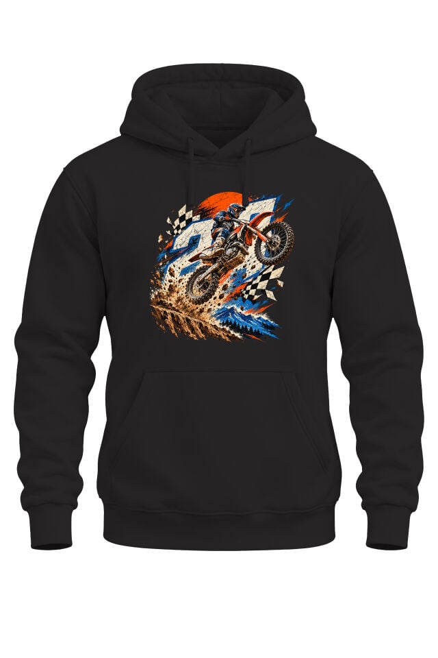 Motokros Baskılı Unisex Regular Kalıp 3 İplik Kalın Kapüşonlu Kanguru Cepli Sweatshirt